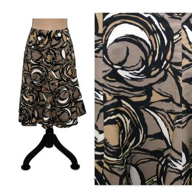 Y2K Midi Cotton Skirt, Flared Earth Tone Abstract Swirl Print, Casual Clothes Women Small Medium Vintage Clothing from Talbots Petite Size 6 