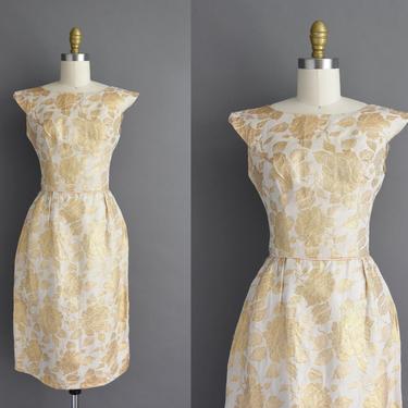 1950s vintage dress | Gorgeous Sparkly Gold Rose Floral Print Cocktail Party Bridesmaid Wedding Dress | XS Small | 50s dress 