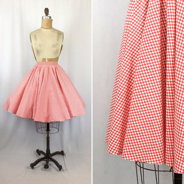 Vintage 50s circle skirt | Vintage red white checked circle skirt | 1950s harlequin print cotton full circle skirt 