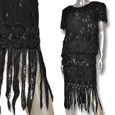 Vintage Judith Ann Black Rayon Sequins Beaded Blouse and Skirt with Fringe 2 Piece Matching Set Flapper Roaring 20’s Party Dress 