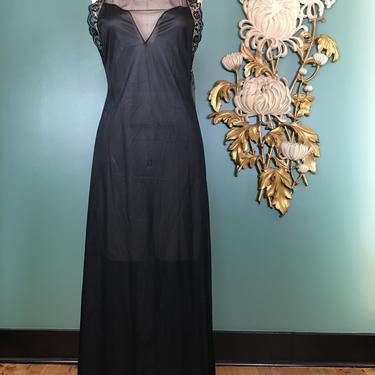 1980s nightgown, vintage lingerie, sheer black nylon, low back, sexy nightgown, pin up style, deadstock lingerie, fetish style, adonna  nwt 