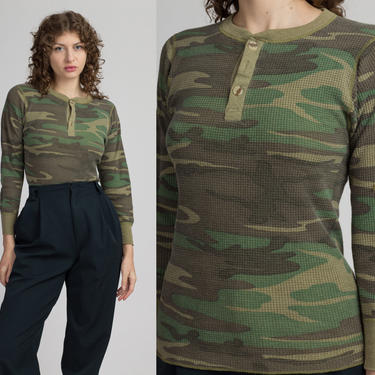 70s 80s Camo Waffle Knit Thermal Shirt - Extra Small | Vintage Unisex Undershirt Long Sleeve Top 