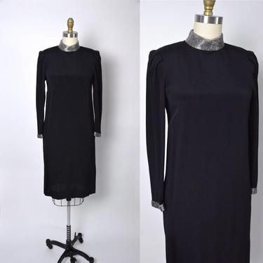 Vintage 1980s Dress 80s Cocktail Designer Dress Beaded Neckline LBD Little Black Dress 
