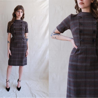 Vintage 50s Plaid Wool Dress/ 1950s Brown Grey Short Sleeve Wiggle Dress/ School Girl/Size XS 