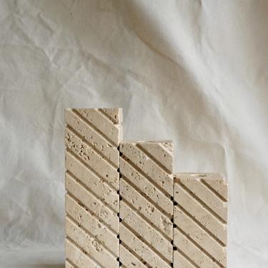 S/3 Postmodern Tiered Travertine Candle Holders