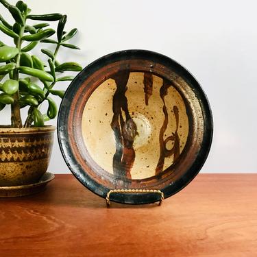 Vintage studio pottery bowl / black and sienna abstract striped decorative dish / handmade earthy boho decor 