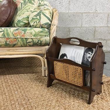 Vintage Vinyl Record Rack Retro 1980s Colonial Style Dark Wood + Cane Mesh Rack with Handle for Vinyl + Magazines + Books for Home or Office 