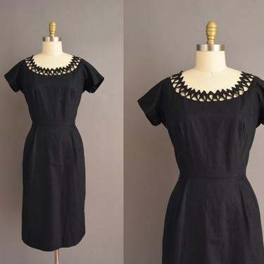 vintage 1950s dress | Gorgeous Black Cotton Cut Out Cocktail Party Wiggle Dress | Large | 50s vintage dress 