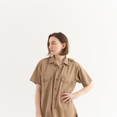 Vintage Tan Khaki Shirt | Microweave Cotton Button Up Tunic Blouse | Beige Workwear | M | 