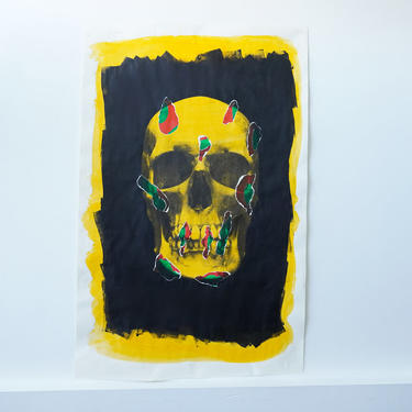 Yellow, Red and Green Decollage Skull (signed)