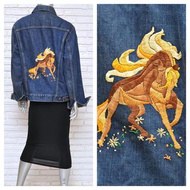 Vintage Levi Strauss Women's Blue Jean Jacket with Mythical Creature Embroidered on Back Boho Hippie Anime Red Tab Levi Size L 