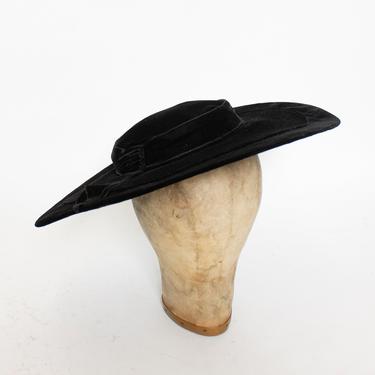 Vintage 40s Hat Wide Brim Brown VELVET Oversized Sun Hat 1940s 