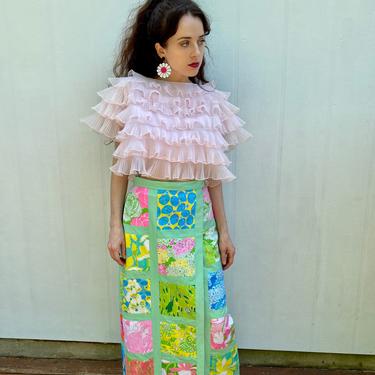 Vintage 70s Patchwork Wrap Floral Hippie Boho Blanket High waist Cotton Maxi skirt XS S M 