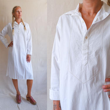 Vintage White Cotton Shirtdress/ Long Half Button Embroidered Nightgown/ Size Large 