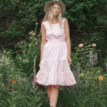 1970's Pink Prairie Dress, Vintage Mexican Dress, 70s Boho Señorita Dress, Cotton Peasant Dress, Summer Festival Dress 