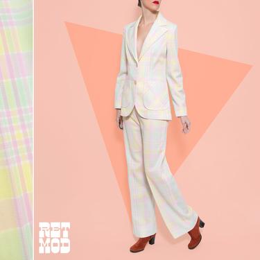 Flattering Vintage 70s Pastel Plaid Two-Piece Pants Suit Set 