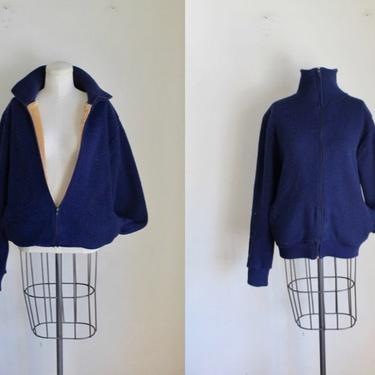 Vintage Navy Teddy Fur Lined Sweater Zip Up Jacket / men's S/M // women's M/L 