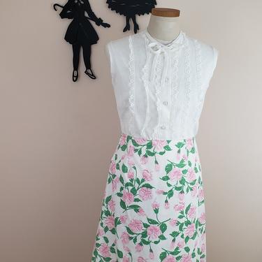 Vintage 1960's Floral Print Skirt / 70s Scalloped Pink Skirt XL 