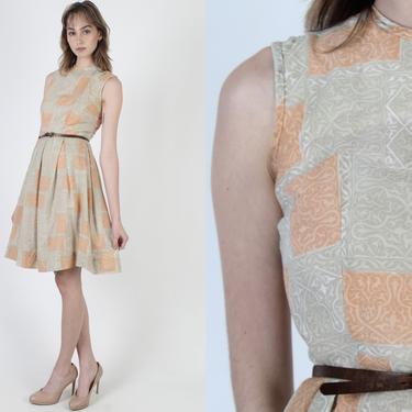 50s Mosaic Floral Dress / Tan Retro Atomic Dress / Womens 1950s Beige Checkered Rockabilly Outfit / Full Circle Skirt Mini Dress 