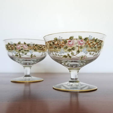 Vintage Low Champagne Glasses Set of 2 / Mid Century Sherbet Glasses / Floral Gold Rim / Special Toasting Glasses / Vintage Hawkes Glassware 