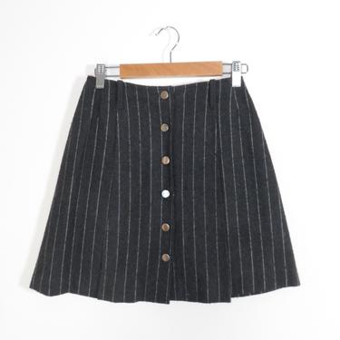 Vintage 60s Mod Gray Pinstripe Pleated Button Front Mini Skirt Size XS 