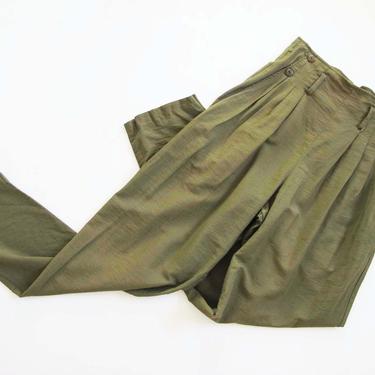 Vintage Paperbag Waist Pants S 26 - Olive Green Trouser Pants - High Waisted Trousers - Pleated 90s Tapered Leg Womens Trousers 