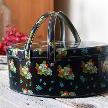 Vintage sewing tin box with handles / Dutch Maid biscuit metal basket / black floral sewing tin / vintage cookie tin 