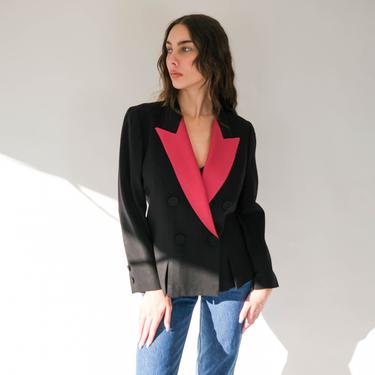 Vintage 80s Albert Nipon Black Wool Gabardine Cropped Double Breasted Blazer w/ Fuchsia Lapel | 100% Wool | 1990s Designer Bolero Jacket 