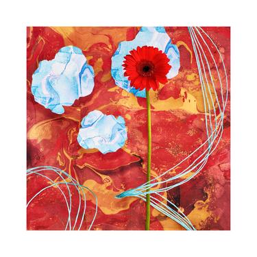 Still Life Photo With Red Flower & Handmade Marble Paper, Abstract Floral, Botanical Print, Decorative Floral Print, Modern Flower, Surreal 