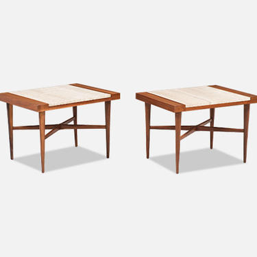 Mid-Century Modern Minimalist Walnut & Italian Travertine Side Tables 