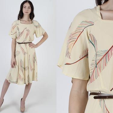 Vintage 50s Rainbow Feather Dress / Cream Silk 1950s Day Party / Side Snap Closure / Casual Cocktail Flutter Sleeve Mini Dress 