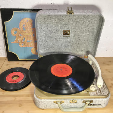 Restored 1950s RCA Portable Record Player, Grey &amp; White Metal Case, 4 speed, Fully Serviced 