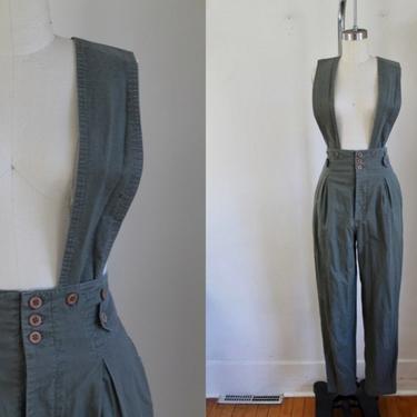 Vintage 1980s Army Green Suspender Pants / size M 