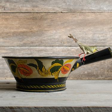 Antique Signed Tin Copper Metal Tole / Toleware Fruit Kitchen Serving Cachepot Pot Bowl Hand Painted Flowers Vines Handle - 1800's 