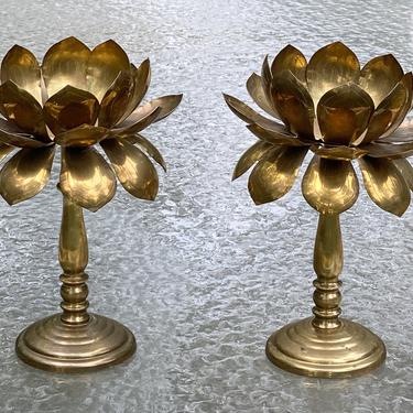 Feldman Brass Lotus Leaf Candle Holders Hollywood Regency 