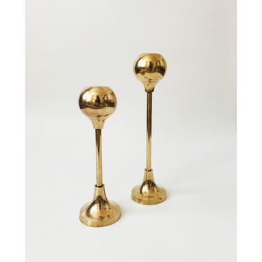 Pair of Tall Mid Century Graduated Brass Candle Holders 