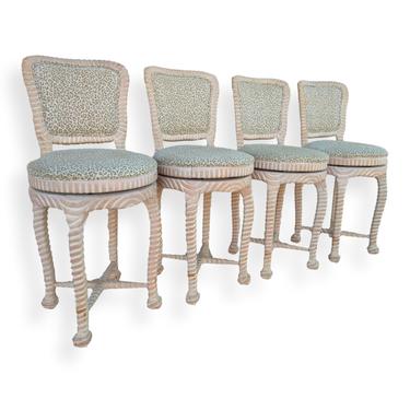 Set of 4 Italian Carved Wood Rope and Knot Swivel Counter Height Bar Stools 