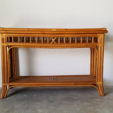 Vintage Boho Tropical Two Tier Rattan Console Table. 