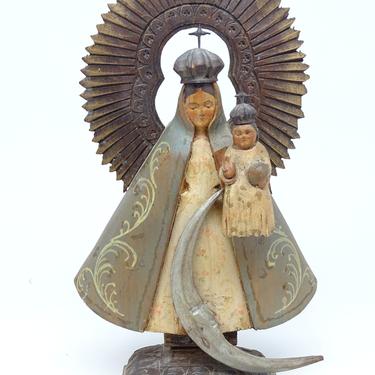 Antique Virgin Mary Holding Jesus Santos, Hand Carved Hand Painted Our Lady Statue with Crescent Moon, Madonna Religious Church Folk Art 