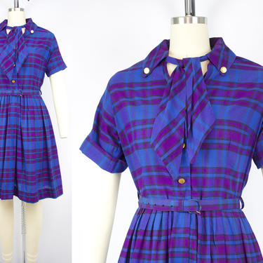 Vintage 50's Blue and Purple Plaid Shirtwaist Dress / 1950's Cotton Dress and Belt / Holiday / Fall / Women's Size Small/ Medium by Ru