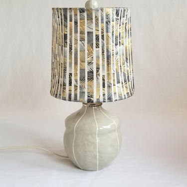 Short gray ceramic lamp with unique handmade shade 