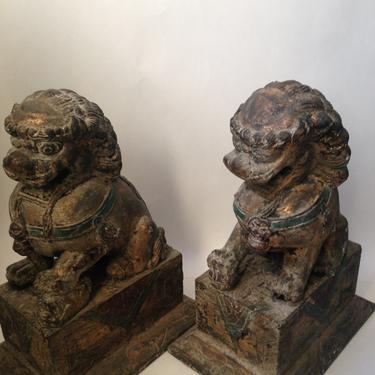 Carved Wood Painted Foo Dogs, Pair