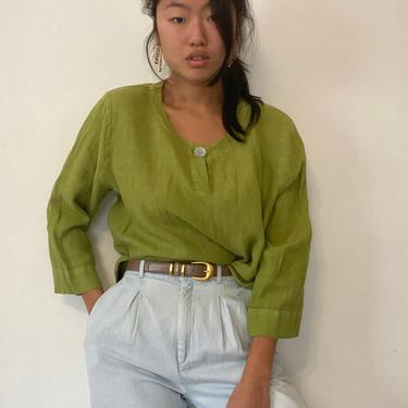 90s linen tunic blouse / vintage Hot Cotton apple green oversized woven linen crewneck henley tunic blouse chore shirt resort wear | L 
