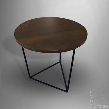 Modern End Table with Round Walnut Top and Black Triangle Steel Base, Geometric Side Table, Handcrafted 