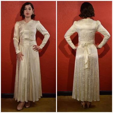 1930s 40s Silk Damask White Gown Vintage Bridal Dress Small 