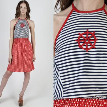 Vintage 70s Nautical Sailor Dress / Red White Navy Blue Striped Dress / Womens Polka Dot Print Skirt / Open Back Halter Micro Mini Dress 