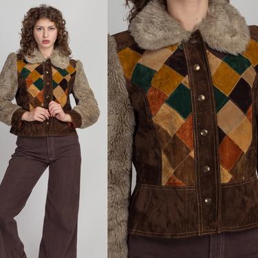 70s Patchwork Faux Suede Fur Trim Jacket - Small | Vintage Boho Shearling Color Block Snap Up Short Coat 