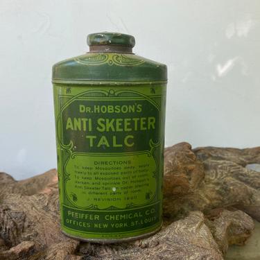 Vintage Mosquito Talc Tin, Dr. Hobson's Skeeter Talc Tin, Cabin Cottage Decor, Farmhouse, Antique Advertising, Pest Control 