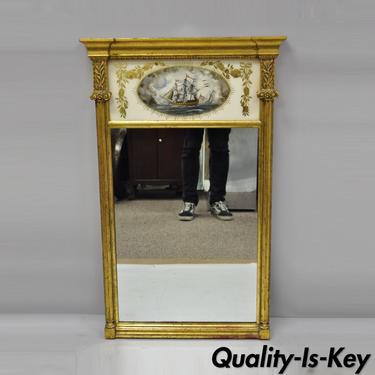 Gold French Regency Style Reverse Painted Glass with Clipper Ship Wall Mirror