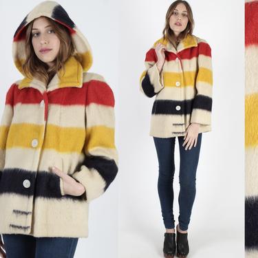 Hudsons Bay Jacket Vintage 60s Hudson Bay Point Blanket Coat Wool Striped Deep Removable Hooded Button Up Womens Winter Canadian Coat 